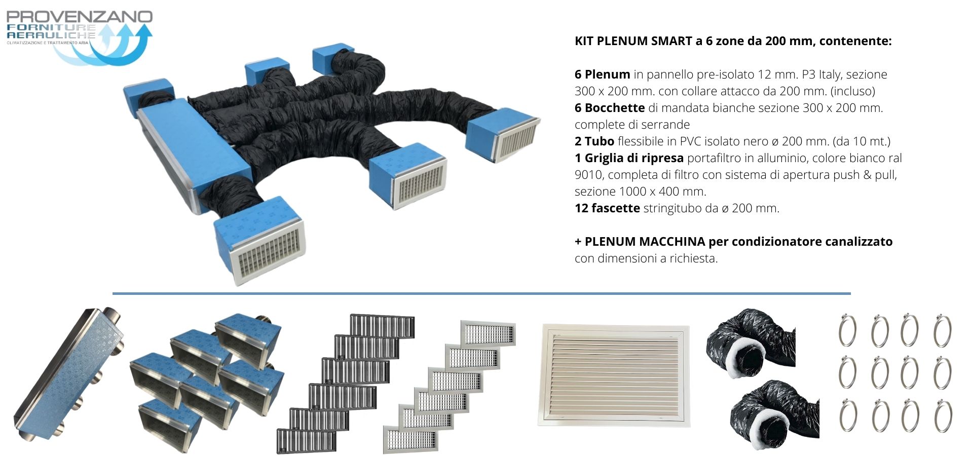 Kit PLENUM SMART a 6 zone da 200 mm + Plenum macchina con attacco per distribuzione aria condizionata